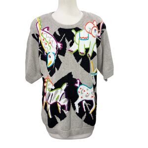 Vintage Size S Safari Animal Sweater Linen Blend Embroidered Knit Colorful Boxy